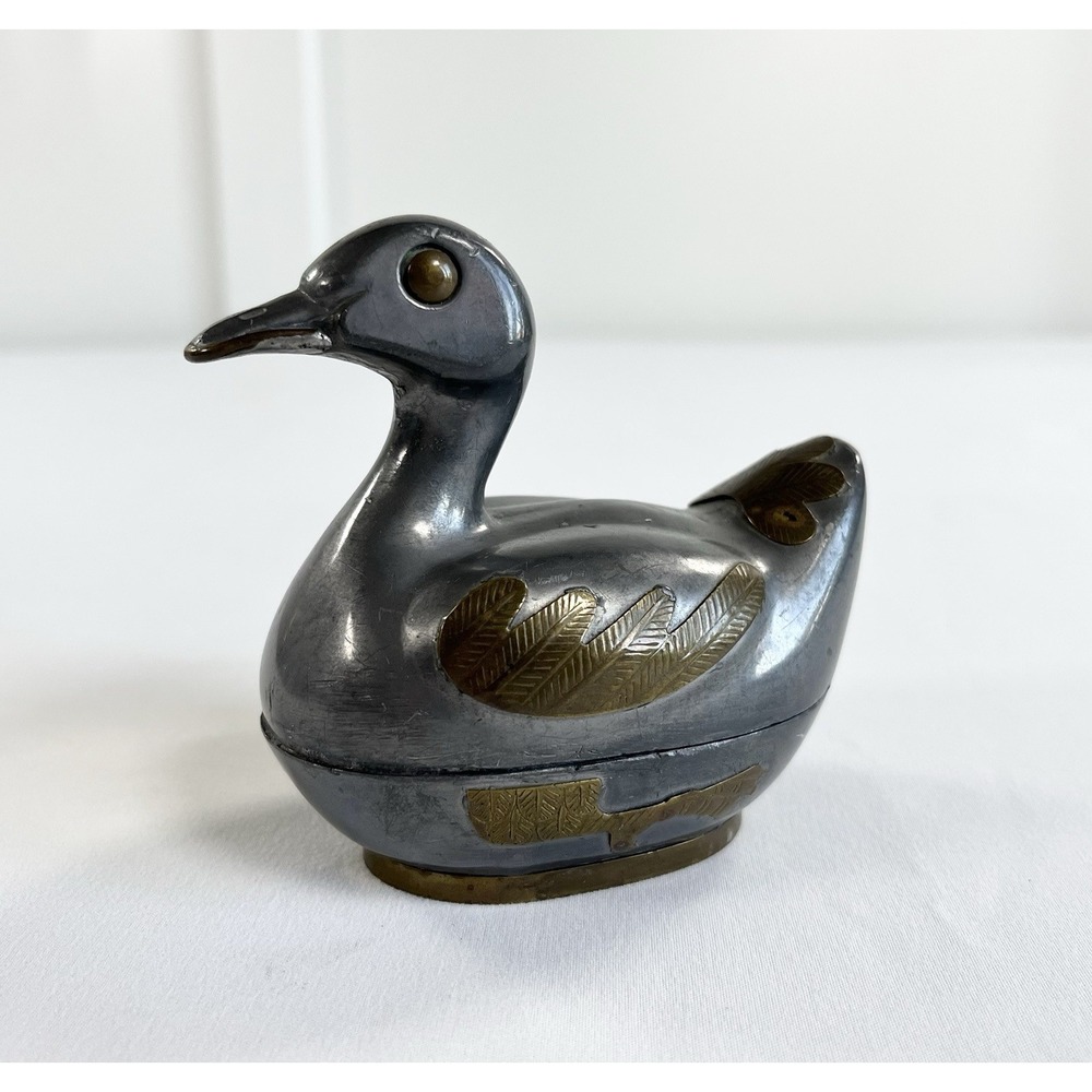 Vintage Pewter Brass Duck Trinket Box Made in Hong Kong Lidded Jewelry Dish 3.5"